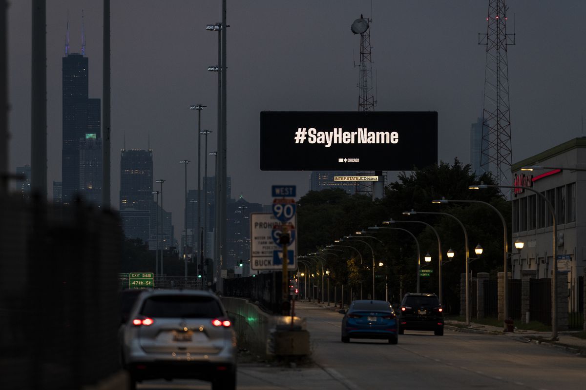 A digital billboard along the Dan Ryan Expressway with “#SayHerName” written on it in between ads near 51st and Wentworth, Thursday, Sept. 24, 2020.