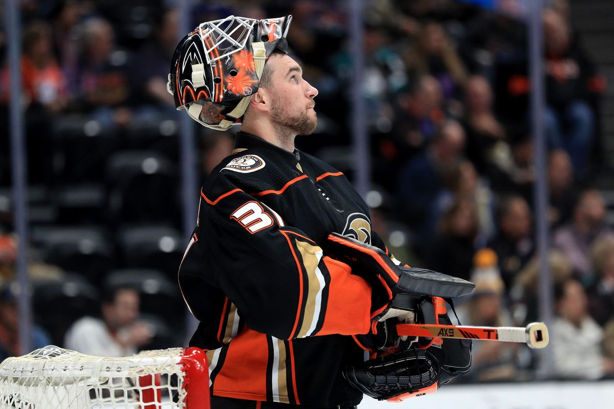 Anthony Stolarz #31 of the Anaheim Ducks blocks looks on during the second period of a game against the St. Louis Blues at Honda Center on March 11, 2020 in Anaheim, California.