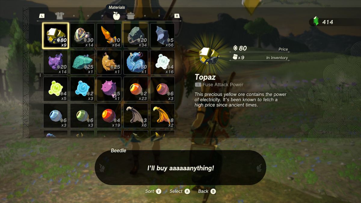 A merchant menu screen of Link selling materials, highlighting a Topaz at 80 rupees in Zelda: Tears of the Kingdom