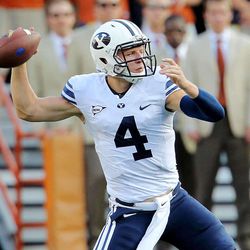 BYU's Taysom Hill sets to pass as BYU and Texas play Saturday, Sept. 6, 2014, in Austin Texas.