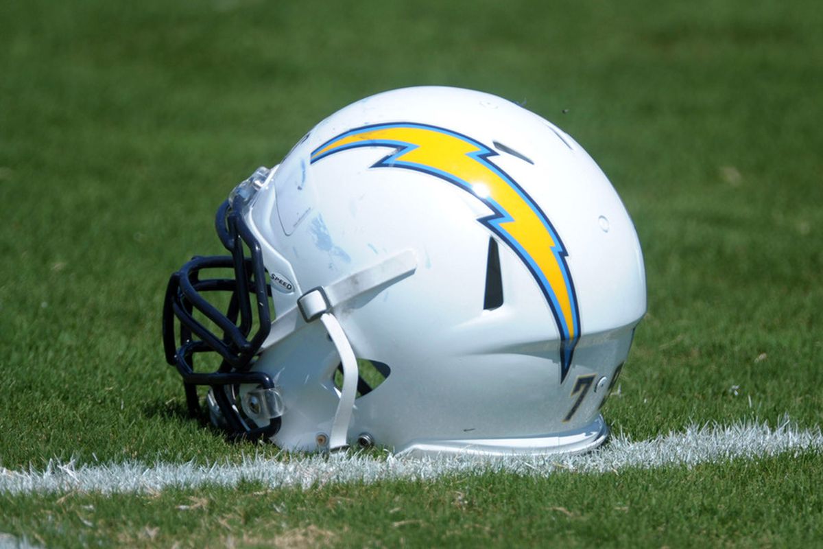 May 29, 2012; San Diego, CA, USA; General view of the San Diego Chargers helmet of tackle Mike Harris (not pictured) at organized team activities at Chargers Park. Mandatory Credit: Kirby Lee/Image of Sport-US PRESSWIRE