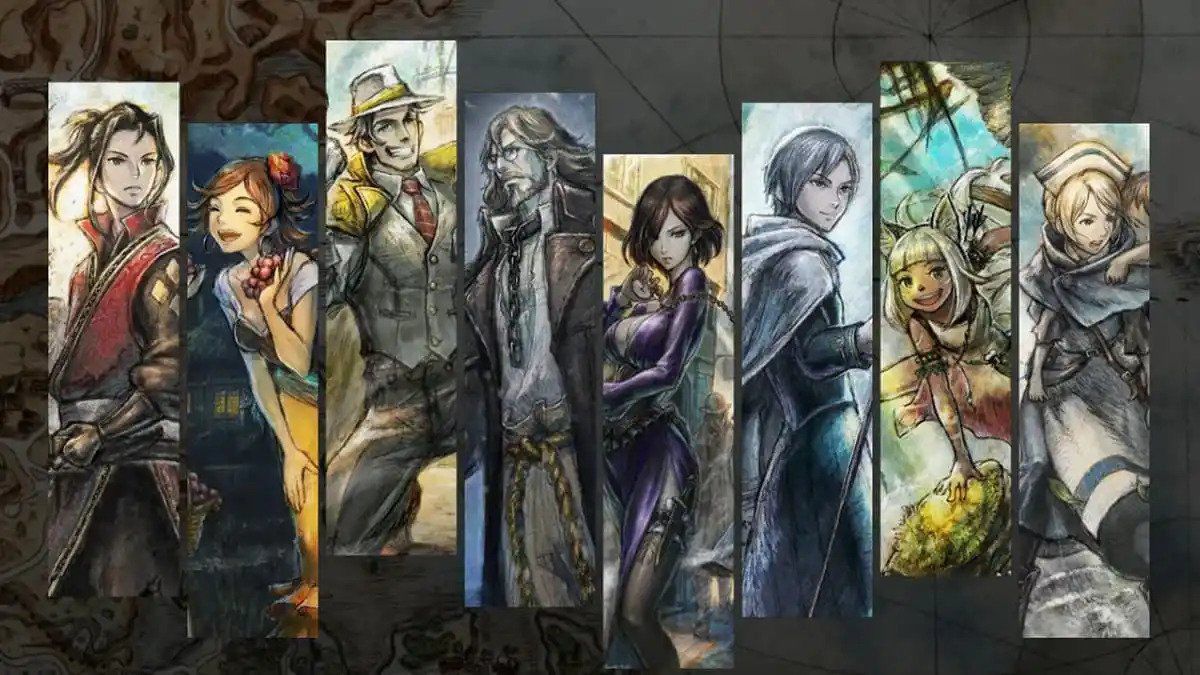 The eight playable characters in Octopath Traveler 2, shown as individual water-color paintings