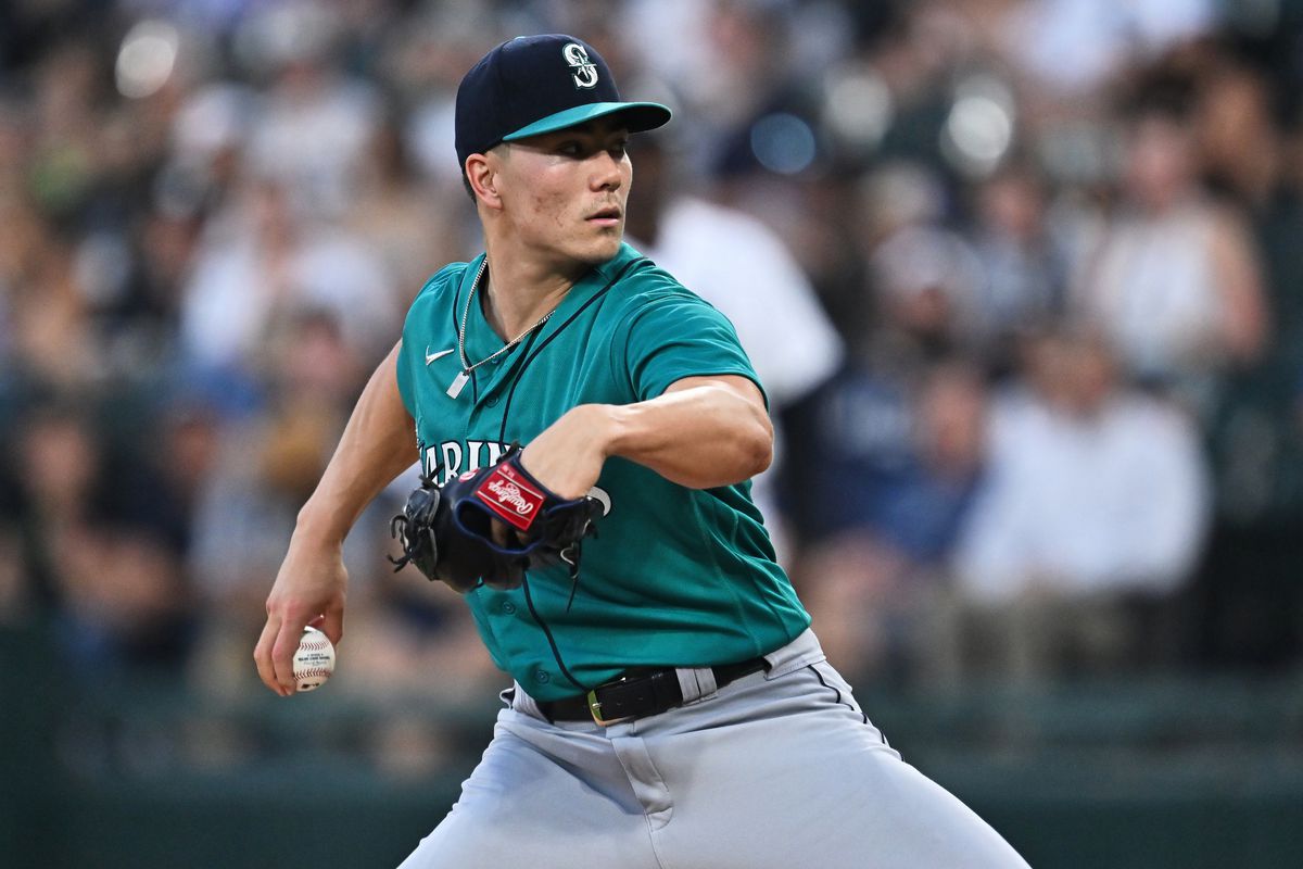 Bryan Woo of the Seattle Mariners pitches against the Chicago White Sox at Guaranteed Rate Field on August 22, 2023 in Chicago, Illinois.