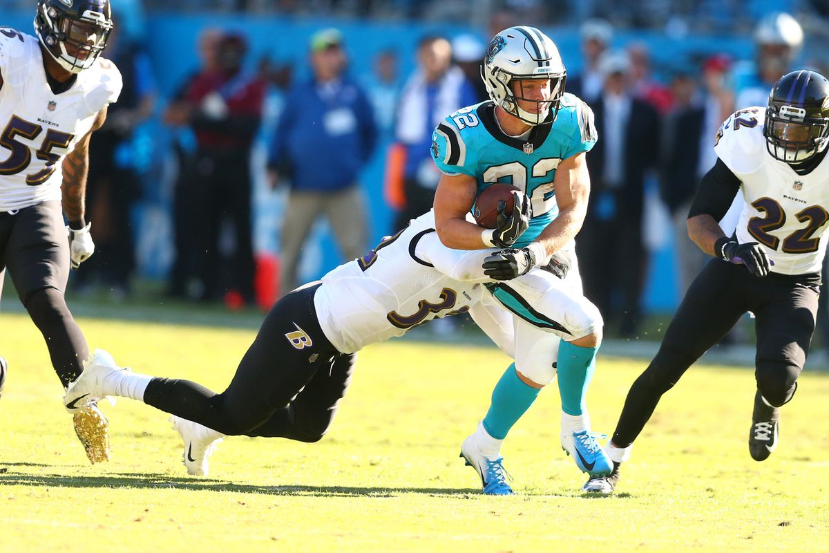 &nbsp;Carolina Panthers running back Christian McCaffrey runs the ball in the fourth quarter against Baltimore Ravens free safety Eric Weddle at Bank of America Stadium.