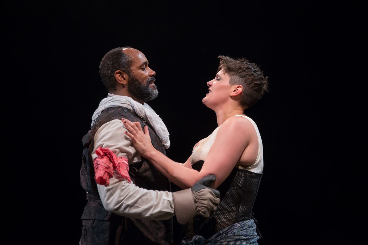 Nathaniel Stampley plays Cervantes/Quixote and Danni Smith is Aldonza/Dulcinea in the Marriott Theatre production of “Man of La Mancha.” (Photo: Liz Lauren)