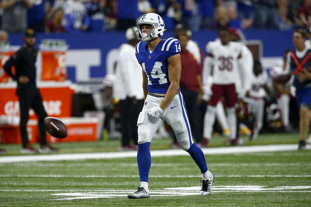 Indianapolis Colts wide receiver Alec Pierce (14) reacts after making the catch for a first down during an NFL game between the Washington Commanders and the Indianapolis Colts on October 30, 2022 at Lucas Oil Stadium in Indianapolis, IN.