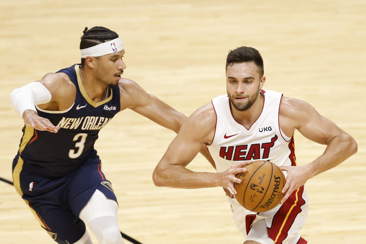 Max Strus #31 of the Miami Heat drives to the basket against Josh Hart #3 of the New Orleans Pelicans during a preseason game at American Airlines Arena on December 14, 2020 in Miami, Florida.&nbsp;