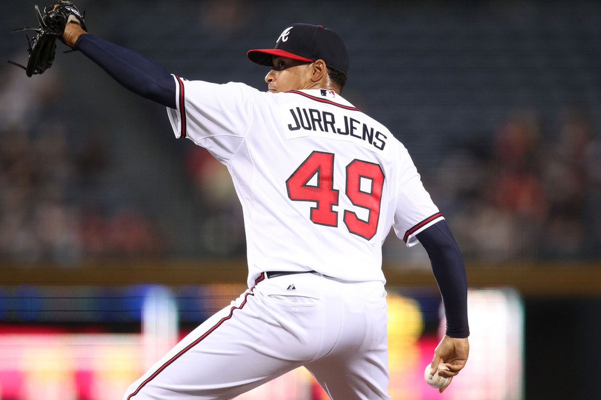 ATLANTA, GA - AUGUST 30:  PItcher Jair Jurrjens #49 of the Atlanta Braves throws a pitch during the game against the Washington Nationals during the game at Turner Field on August 30, 2011 in Atlanta, Georgia.  (Photo by Mike Zarrilli/Getty Images)