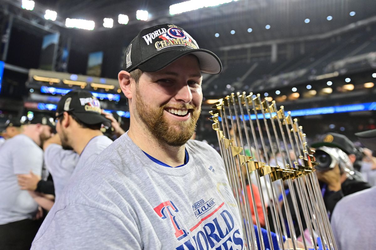 Texas Rangers starting pitcher Jordan Montgomery celebrates defeating the Arizona Diamondbacks to win the World Series in game five of the 2023 World Series at Chase Field.&nbsp;