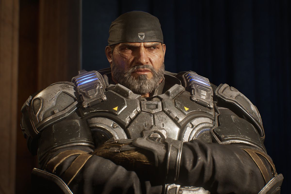 an aged, battle-scarred Marcus Fenix, original hero of the Gears of War franchise, as he appears in 2019’s Gears 5