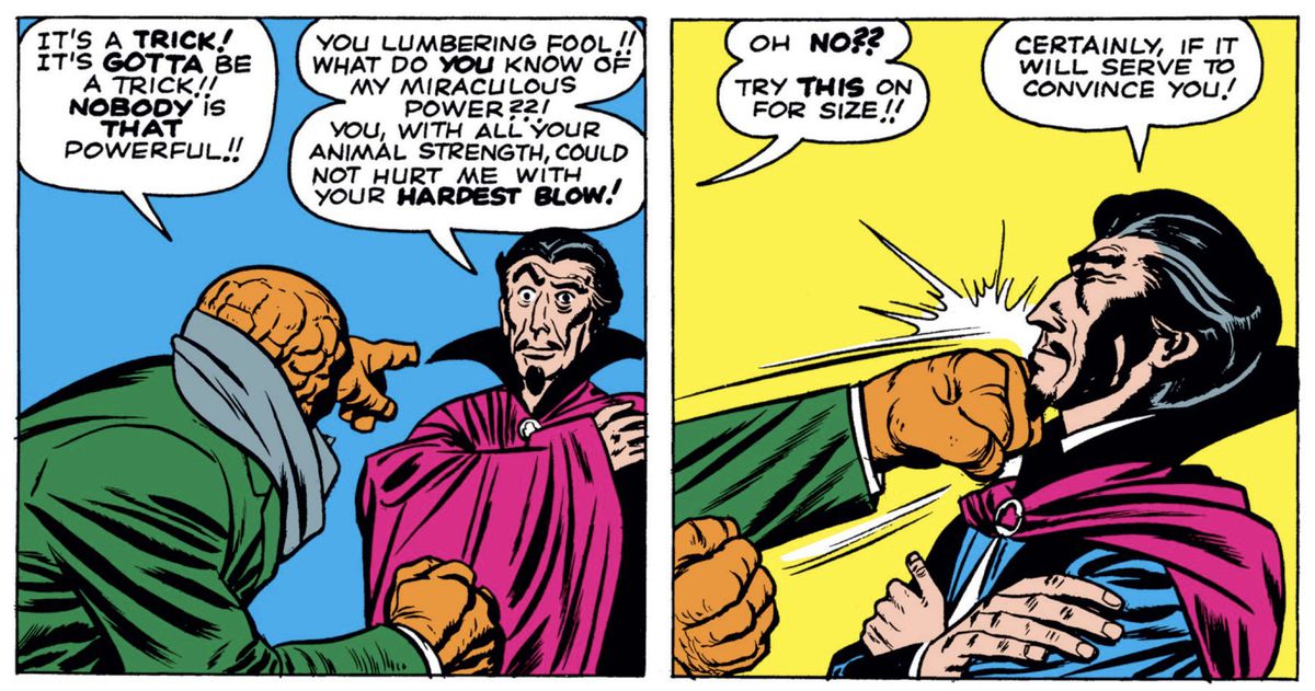 The Miracle Man, cloaked and goateed much like Dracula or Doctro Strange uses hypnotism to ... survive a blow from the Thing? I guess. In Fantastic Four #3 (1961). 