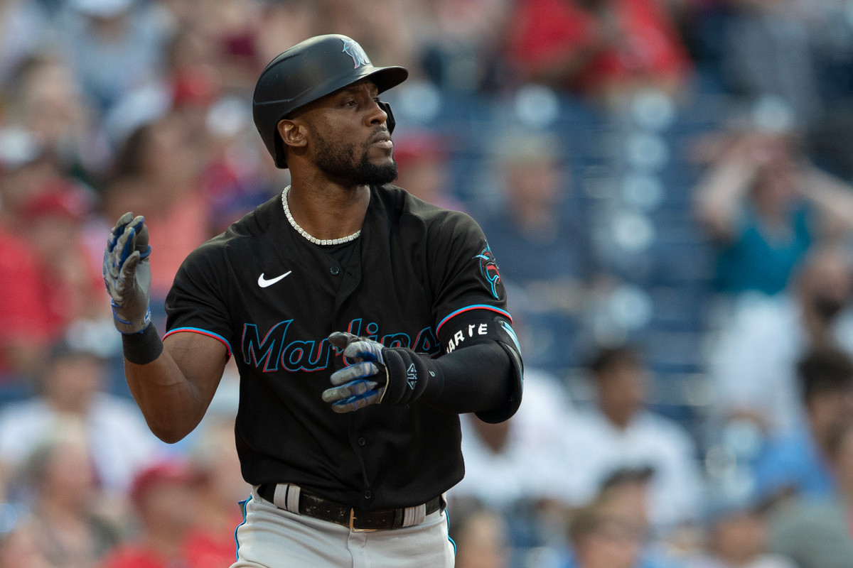 Starling Marte #6 of the Miami Marlins reacts after hitting a two-run home run in the top of the first inning against the Philadelphia Phillies during Game Two of the doubleheader at Citizens Bank Park