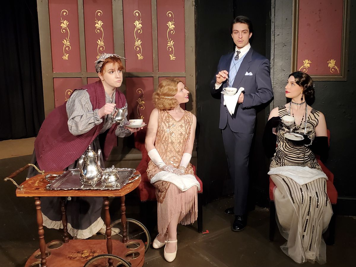 “The Real Inspector Hound” features Shelley DeHosse (from left), Claire Rutkowski, Croix Dakota Perkins and Sarah Seidler. 