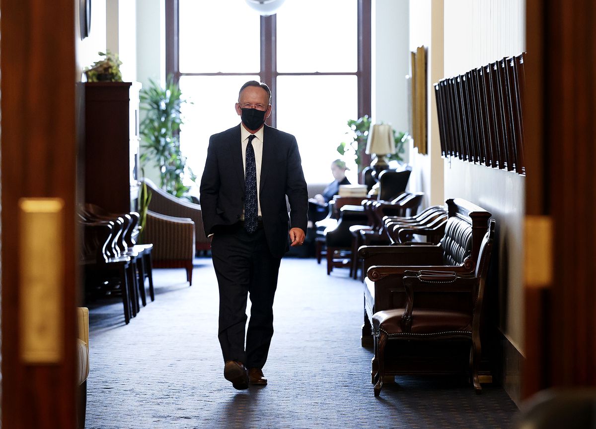 Utah Senate President Stuart Adams walks through the Senate offices at the Capitol in Salt Lake City on Wednesday, Jan. 12, 2022.