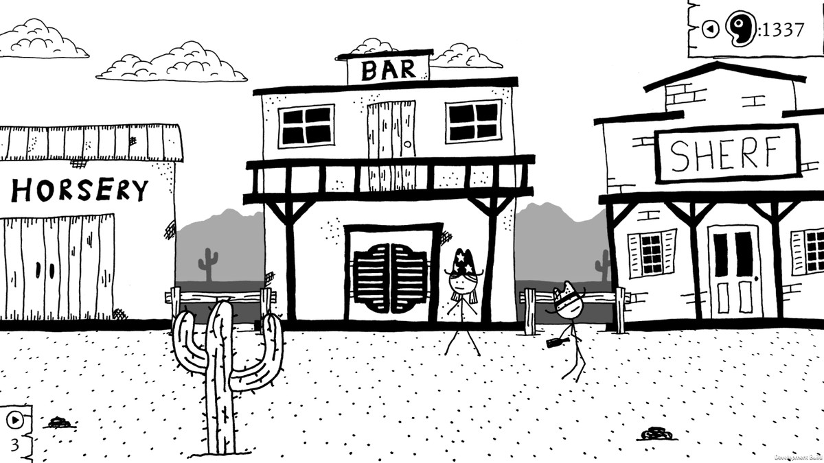 This screenshot from West of Loathing shows tow stick figure characters standing in front of a bar. A horsery and “sherf” office stand to either side of the bar, and a cactus is in the foreground.