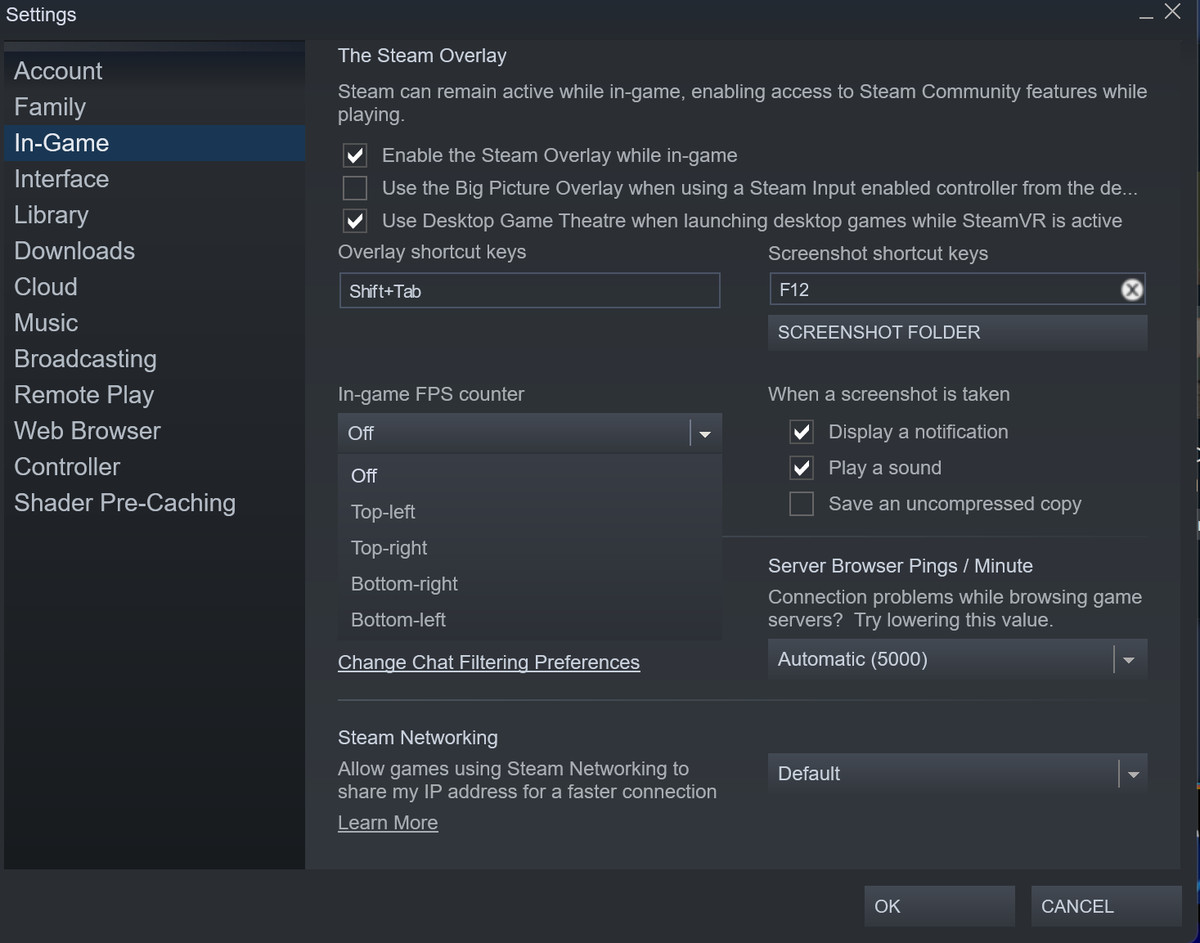 A screenshot of the Settings window in Steam with the in-game FPS counter menu open.