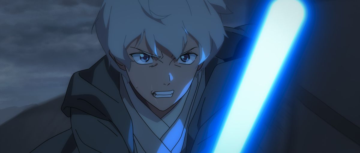 A young man with white hair wields a blue lightsaber. He looks angry, in the midst of battle. 