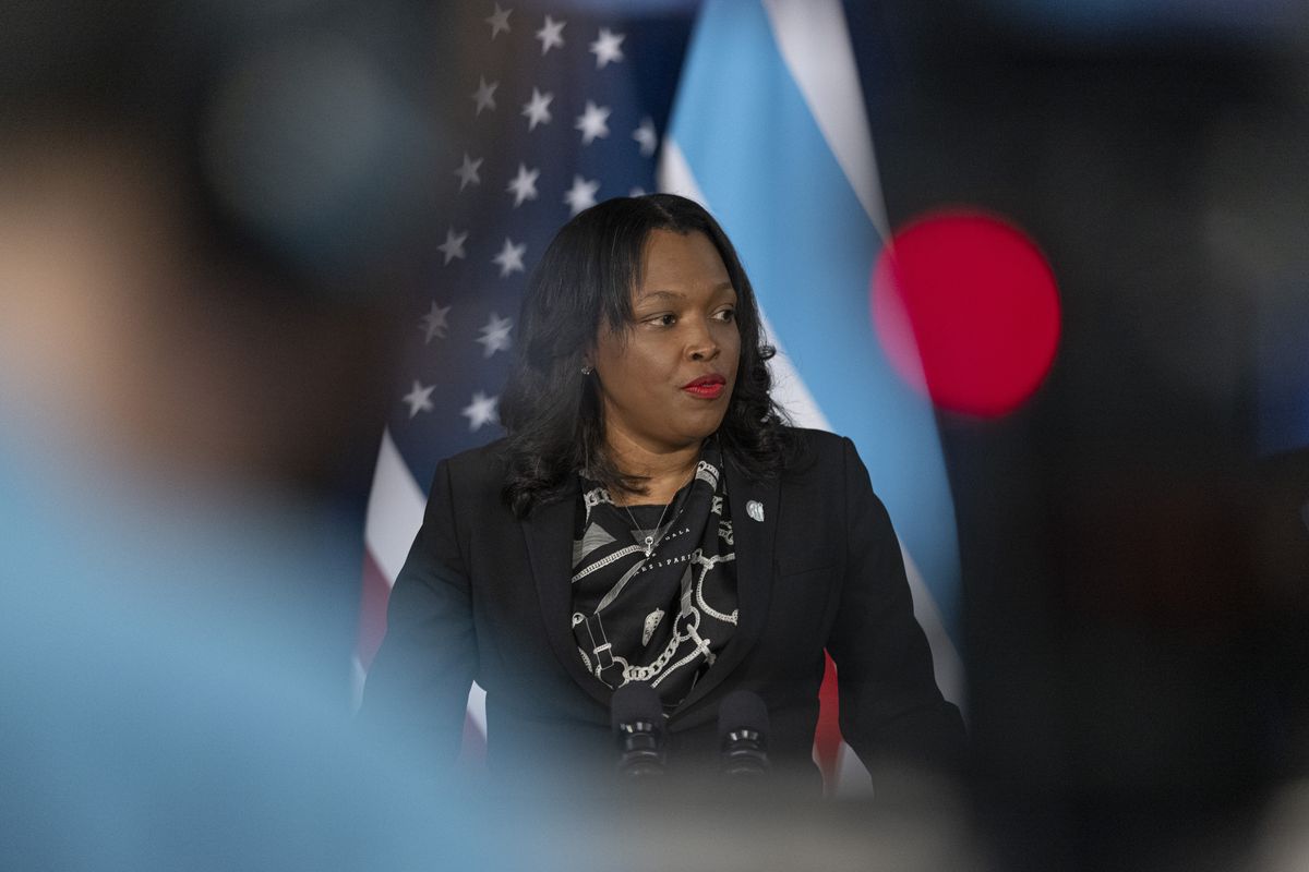 Chicago Public Schools CEO Janice Jackson announces she will not be renewing her contract as the CEO of Chicago Public Schools at a City Hall news conference, Monday, May 3, 2021.