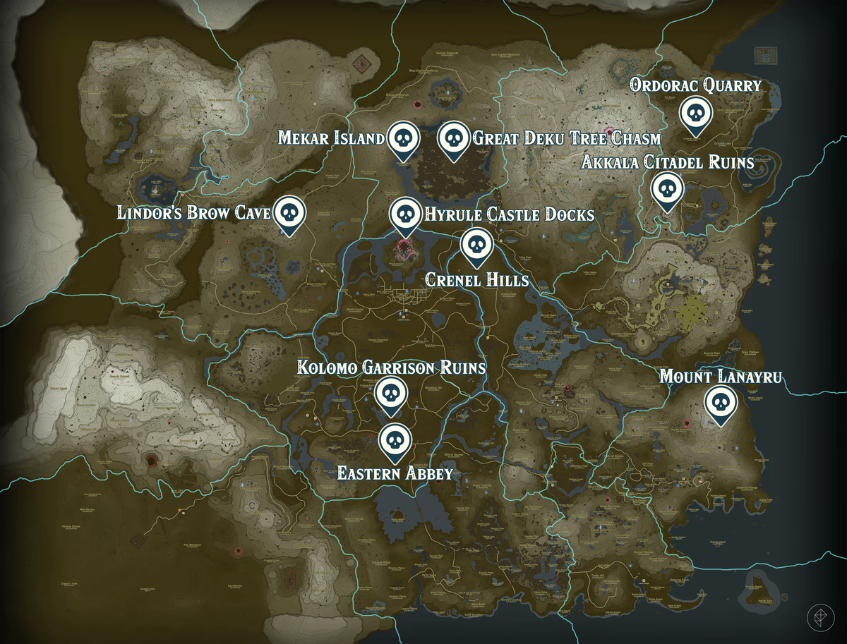 An annotated map shows Gloom Hands locations in The Legend of Zelda: Tears of the Kingdom.