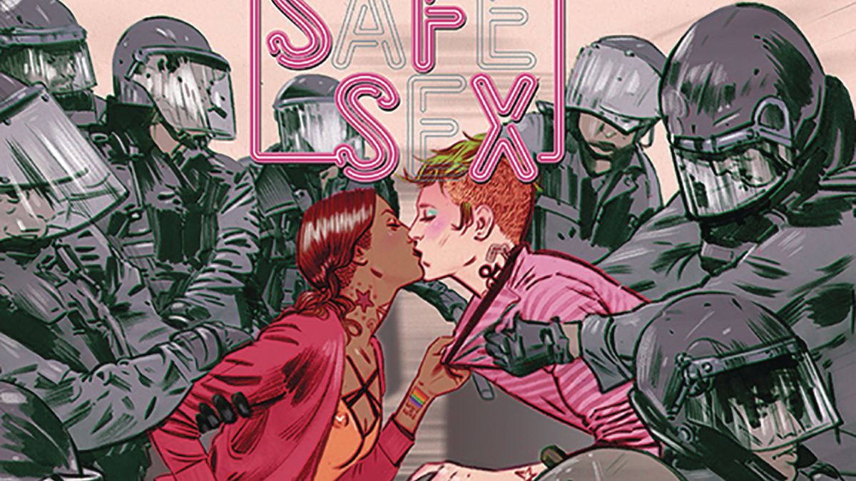 Two lovers kiss as they are pulled apart by riot police on the cover of Safe Sex #1, Image Comics (2019). 