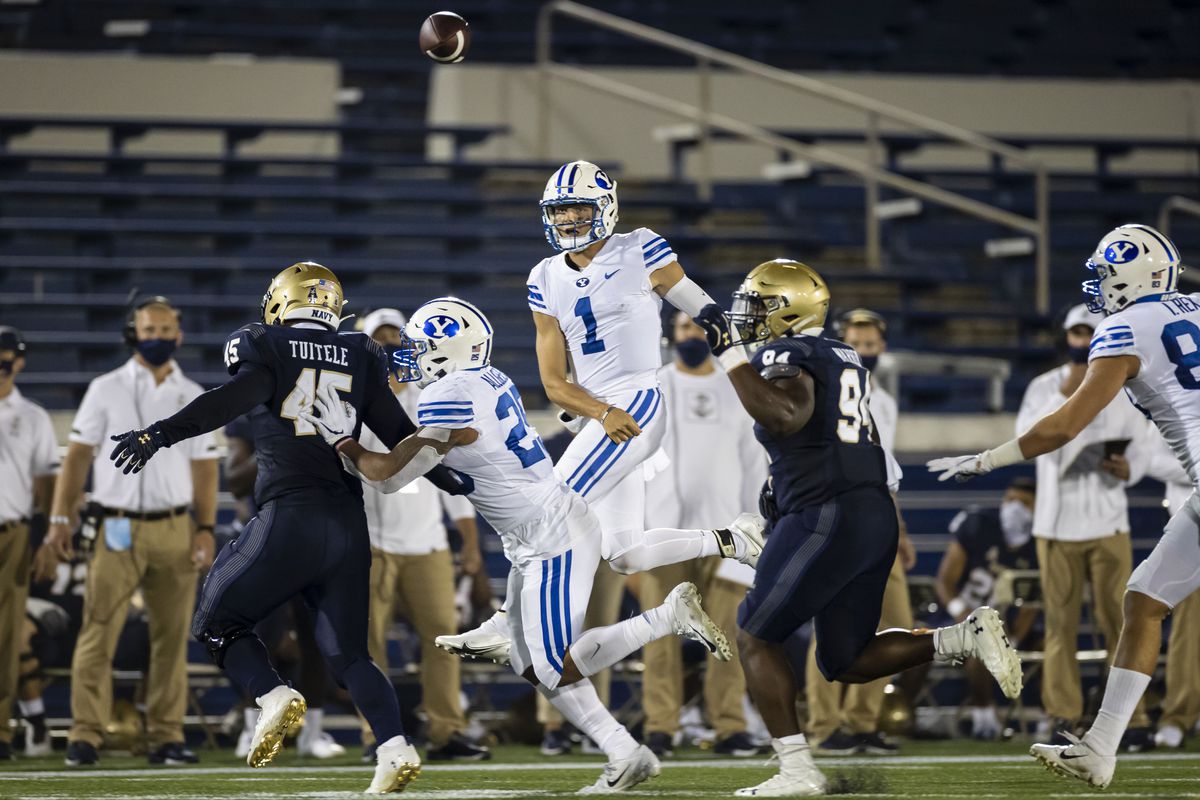 Brigham Young Cougars quarterback Zach Wilson attempts a pass against the Navy Midshipmen during the first half at Navy-Marine Corps Memorial Stadium.&nbsp;