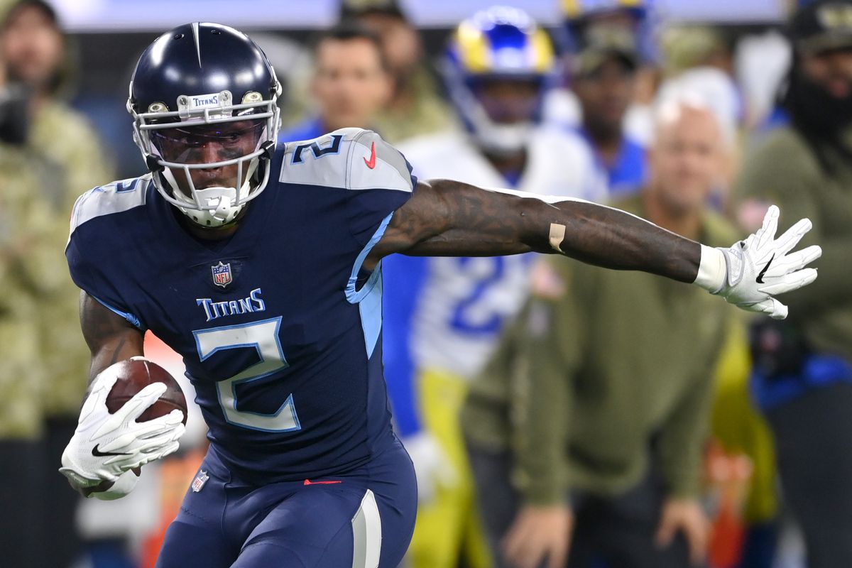 Julio Jones #2 of the Tennessee Titans runs down the sidelines for a gain during the game against the Los Angeles Rams at SoFi Stadium on November 7, 2021 in Inglewood, California.