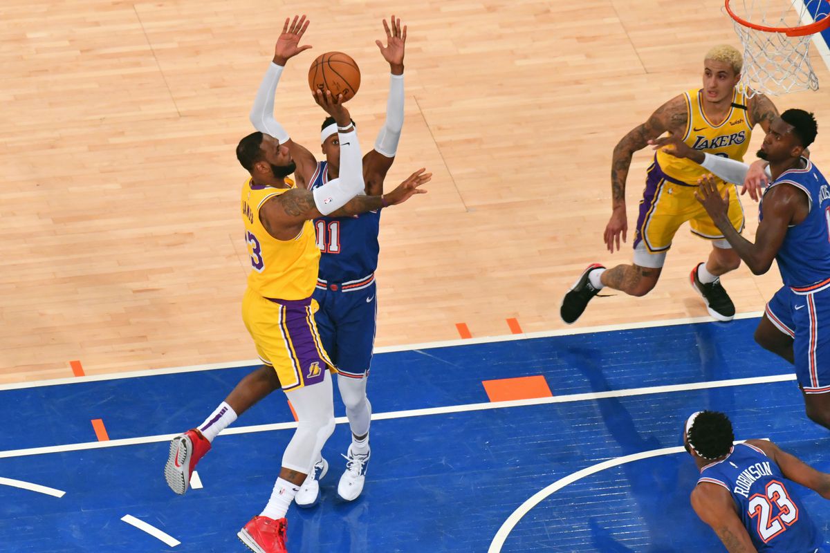 LeBron James #23 of the Los Angeles Lakers shoots the ball against the New York Knicks on January 22, 2020 at Madison Square Garden in New York City, New York.