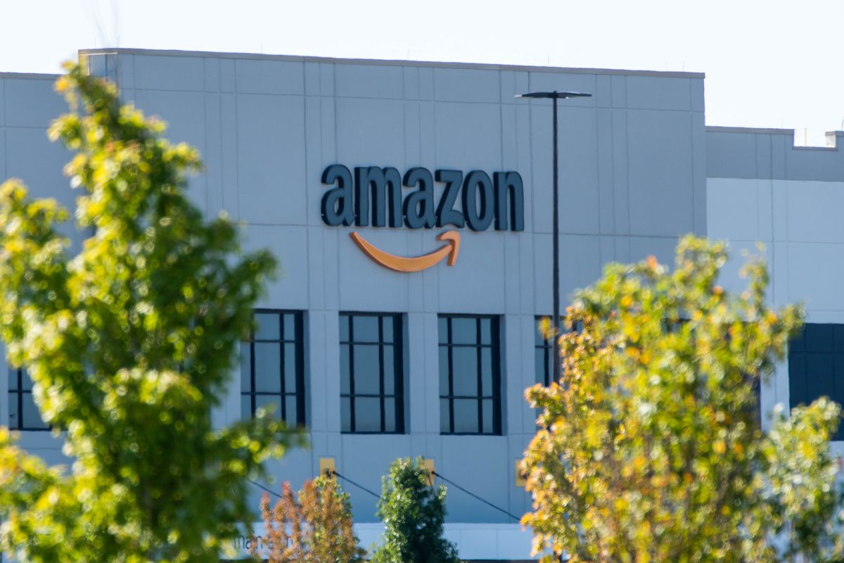 An Amazon sign on the Amazon Fulfillment Center at 6605 W Monee Manhattan Road in Monee, IL Thursday morning, October 8, 2020.