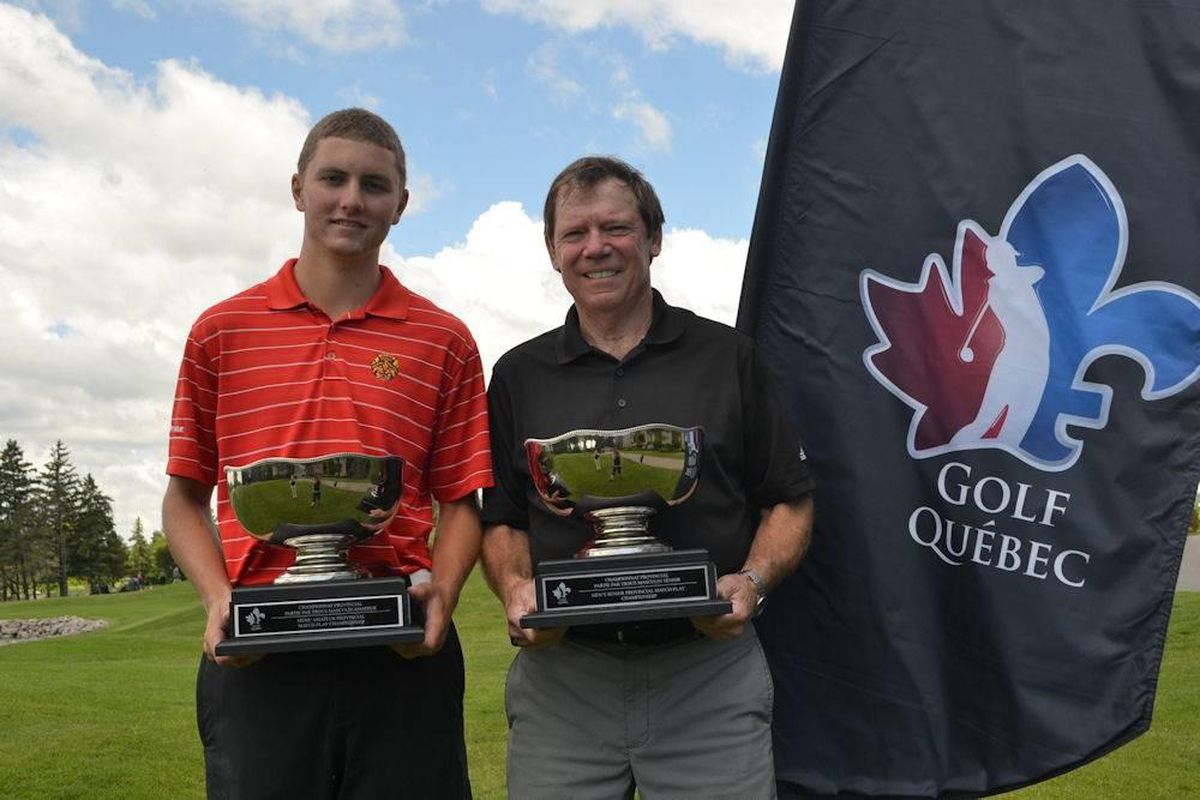 Corey Eccles (left) stands with his trophy after winning his tournament. Eccles claimed his first amateur title at the Golf Quebec Men's Provincial Match Play Championship.