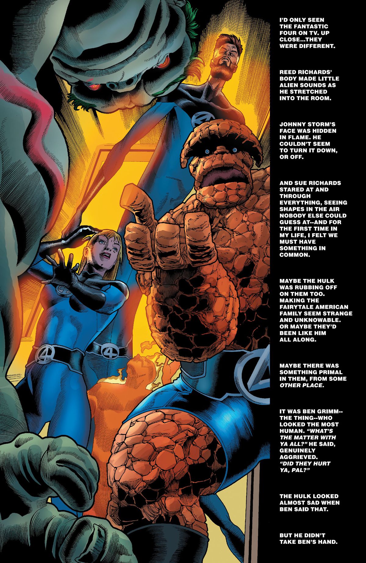 The Fantastic Four step through a glowing door and the Thing holds out a hand to the stricken Hulk, saying “Did they hurt ya, pal?” Words on the right describe their unearthly appearance in Immortal Hulk #49 (2021). 