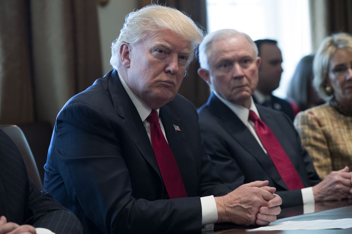 President Donald Trump and Attorney General Jeff Sessions in a panel discussion on opioid and drug abuse in March 2017.