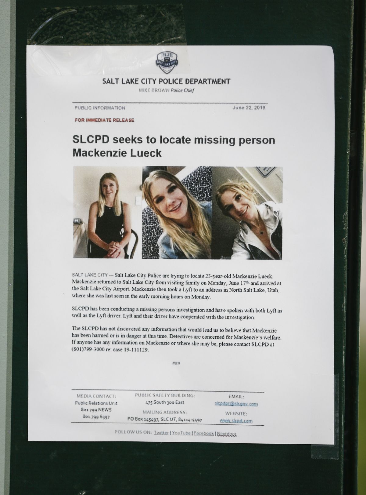 Posters for Mackenzie Lueck placed at Liberty Park in Salt Lake City on Saturday, June 22, 2019.