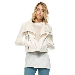 The Max Moto Jacket in white leather with moto details at shoulders. Now $425, originally $935.