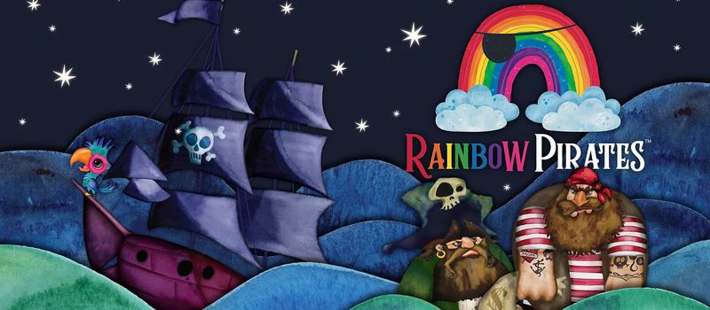 A watercolor sea with a purple ship. Below a rainbow, a pair of ornery-lookin’ pirates.