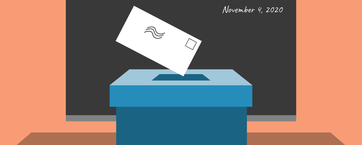 Illustration of a ballot being placed into a ballot box in front of a blackboard that reads November 4, 2020.