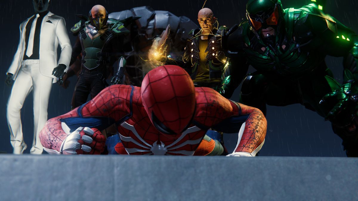 Members of the Sinister Six stand over Spider-Man, who has collapsed to the ground after getting beaten by the super-villain group
