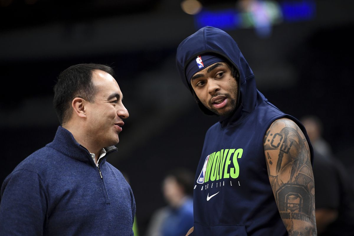 Gersson Rosas, president of basketball operations for the Minnesota Timberwolves, talked to newly acquired guard D’Angelo Russell before an NBA game against the LA Clippers at Target Center on Saturday, Feb. 8, 2020.