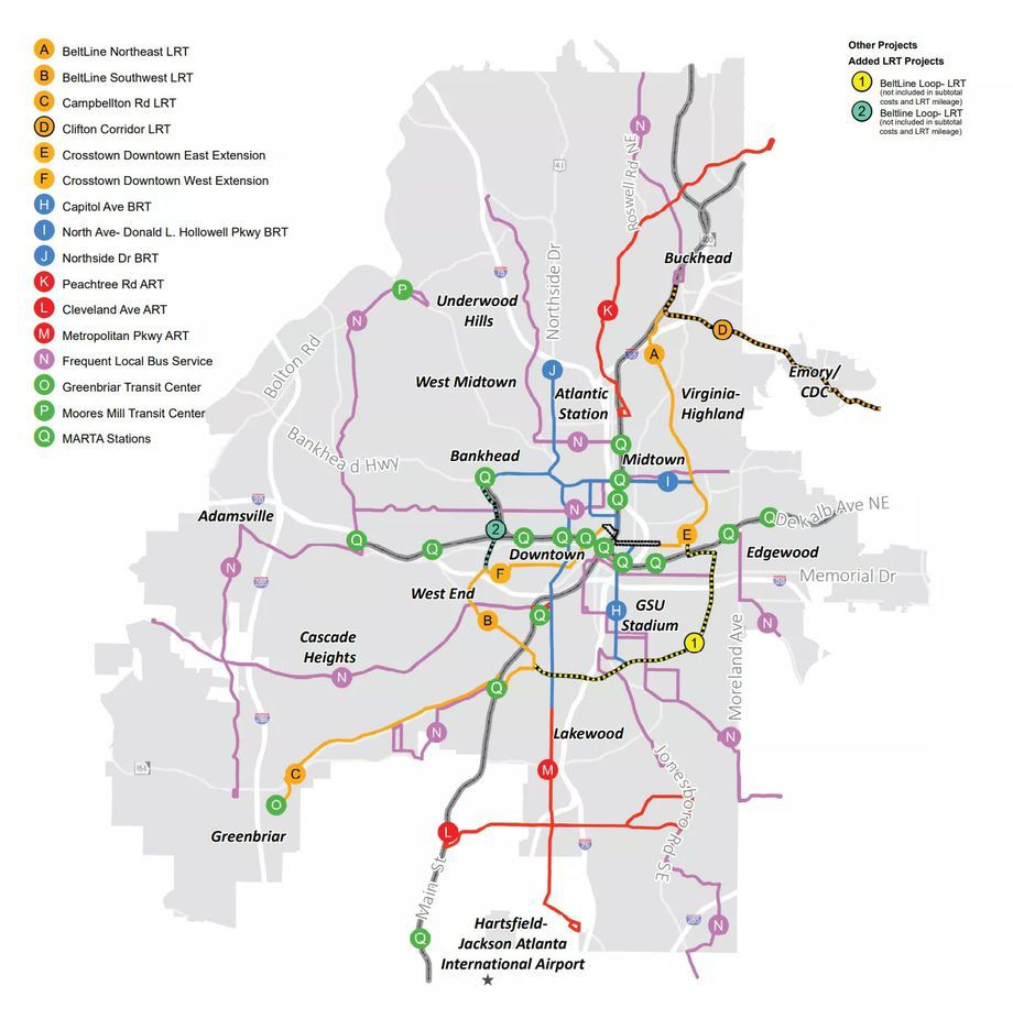 A graphic showing planned rail line across Atlanta in yellow and red and green. 