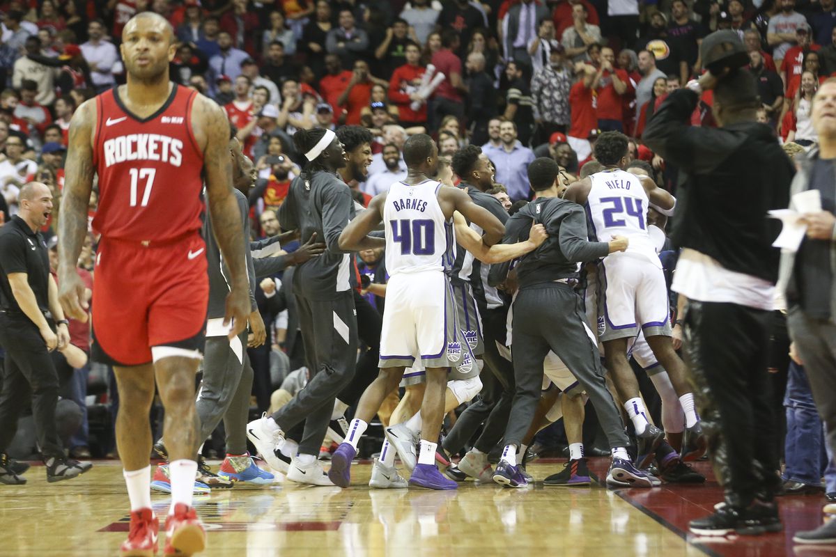 Houston Rockets center PJ Tucker react to Sacramento Kings forward Nemanja Bjelica game winning basket in the fourth quarter at Toyota Center.