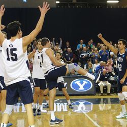 BYU players and fans cheer as BYU defeats Cal Baptist University Saturday, Feb. 7, 2015, at BYU in the Smith Field House in Provo.