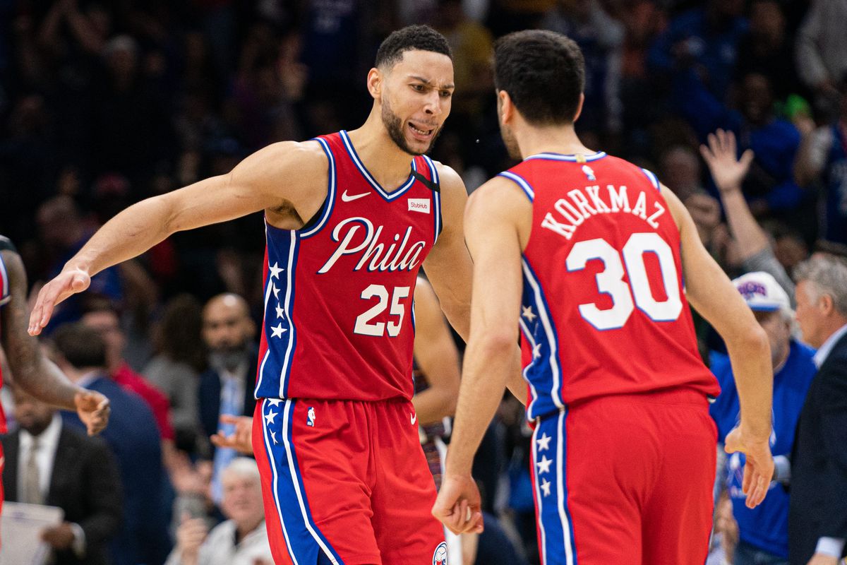 Philadelphia 76ers guard Ben Simmons reacts to guard Furkan Korkmaz score during the fourth quarter against the Brooklyn Nets at Wells Fargo Center.