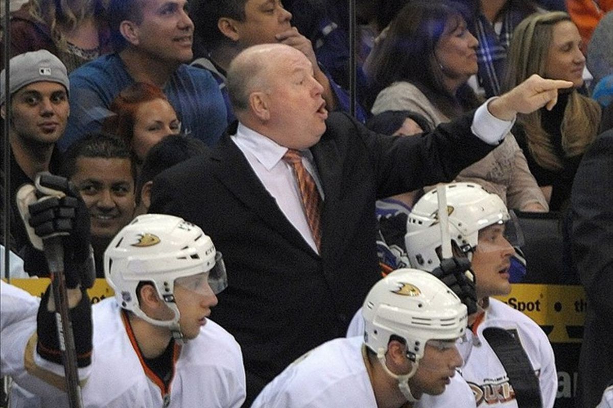 Mar 3, 2012; Los Angeles, CA, USA; Anaheim Ducks coach Bruce Bodreau gestures during the game against the Los Angeles Kings at the Staples Center. The Kings defeated the Ducks 4-2. Mandatory Credit: Kirby Lee/Image of Sport-US PRESSWIRE