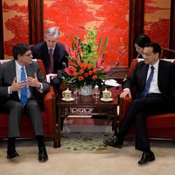 U.S. Treasury Secretary Jacob Lew, left, speaks with Chinese Premier Li Keqiang during their meeting at the Zhongnanhai diplomatic compound in Beijing Wednesday, March 20, 2013. Lew has stressed China's and America's shared interest in ensuring global economic growth in the meeting. 