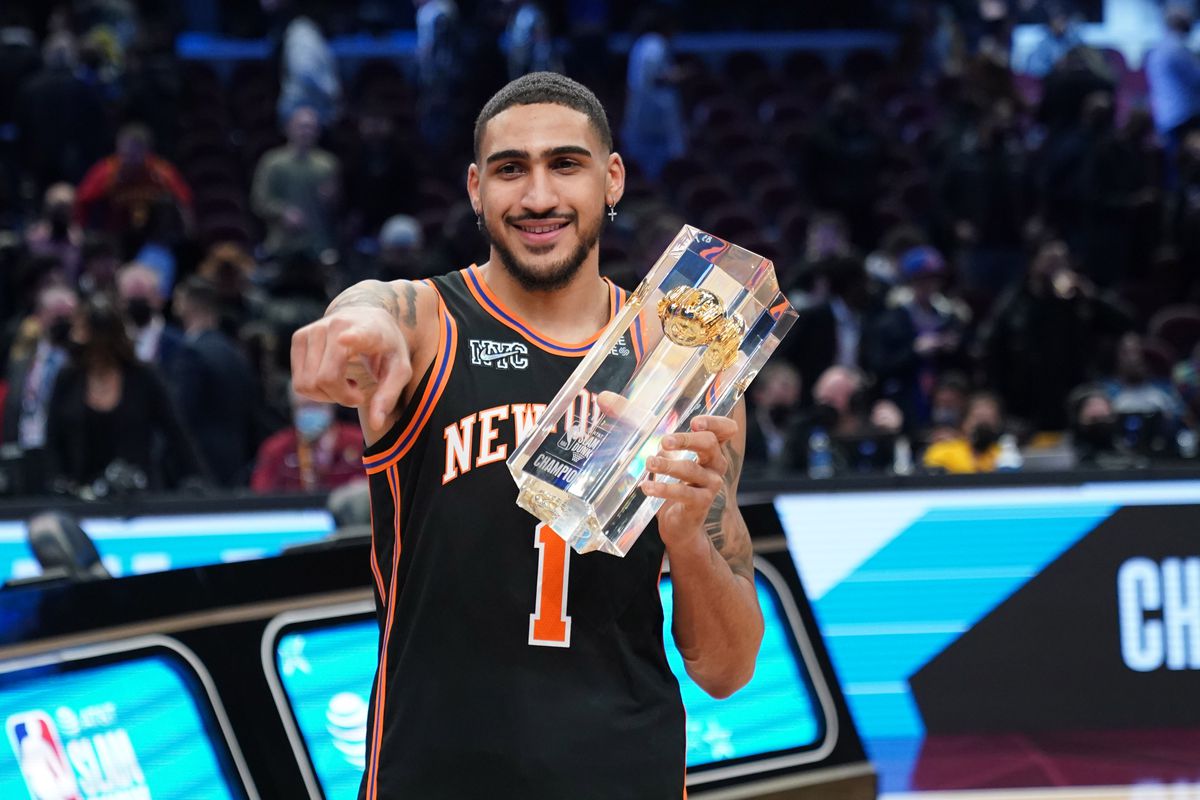 Feb 19, 2022; Cleveland, OH, USA; New York Knicks forward Obi Toppin (1) holds the trophy after winning the Slam Dunk Contest during the 2022 NBA All-Star Saturday Night at Rocket Mortgage Field House. Mandatory Credit: Kyle Terada