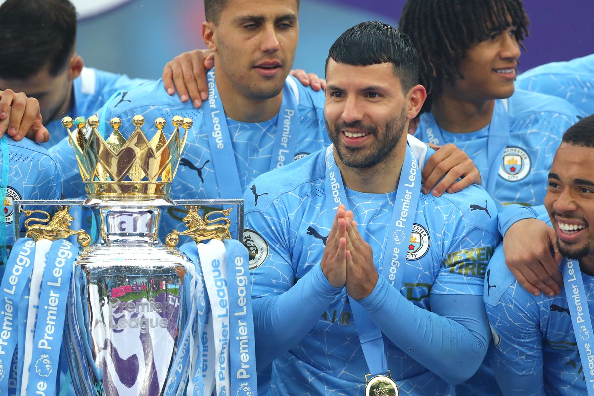Sergio Aguero with league trophy - Manchester City - Premier League