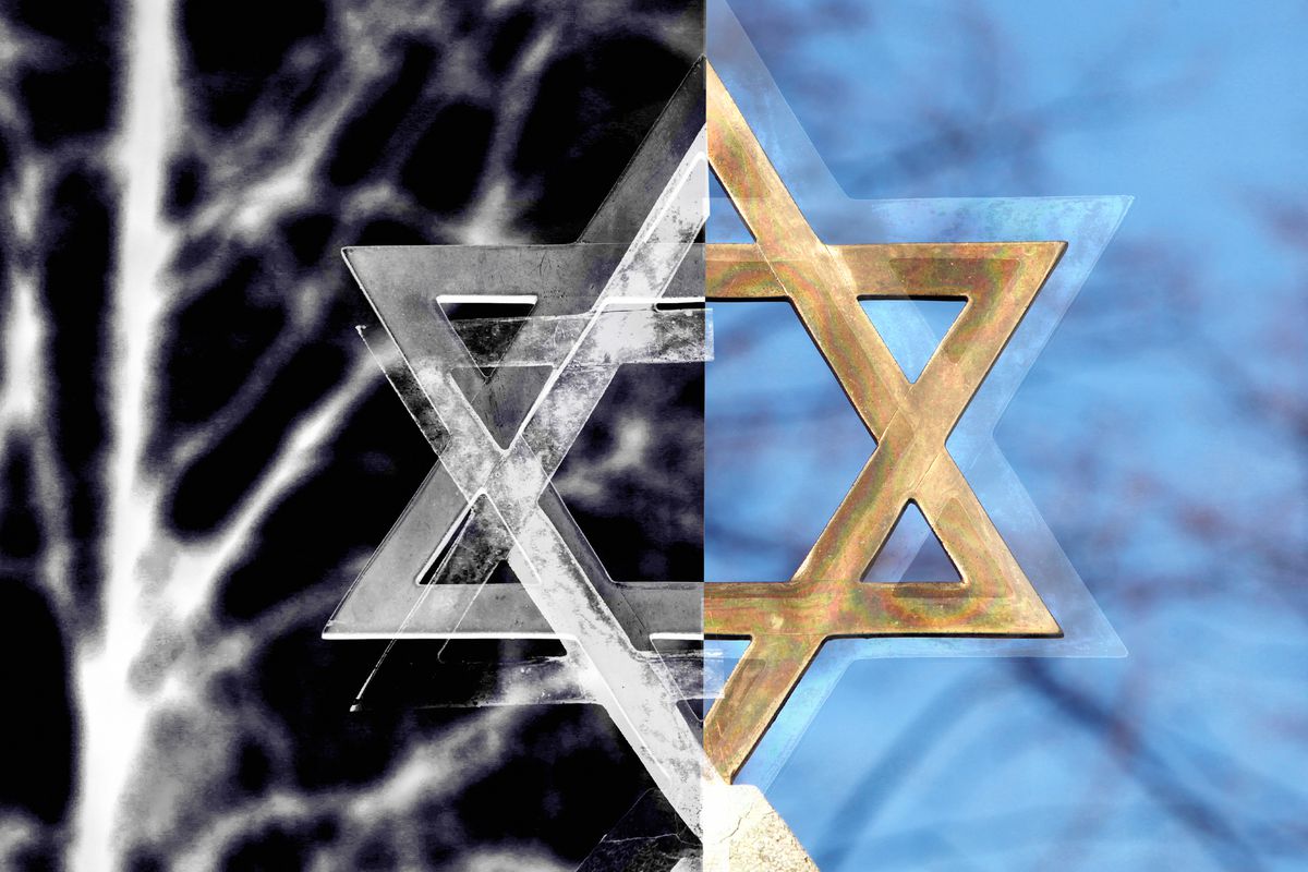 A photo illustration of the outline of a six-pointed Star of David, half in black and white and half in gold and blue.