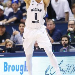 Brigham Young Cougars guard Chase Fischer (1) passes the ball at the Marriott Center Saturday, Feb. 14, 2015, against Pacific. BYU beat the Tigers, 84-59.