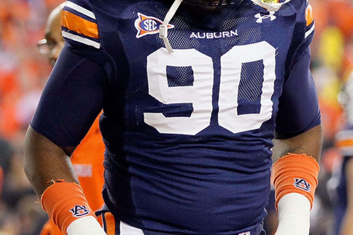 Nick Fairley of the Auburn Tigers warms up before taking on the Oregon Ducks during the Tostitos BCS National Championship Game.