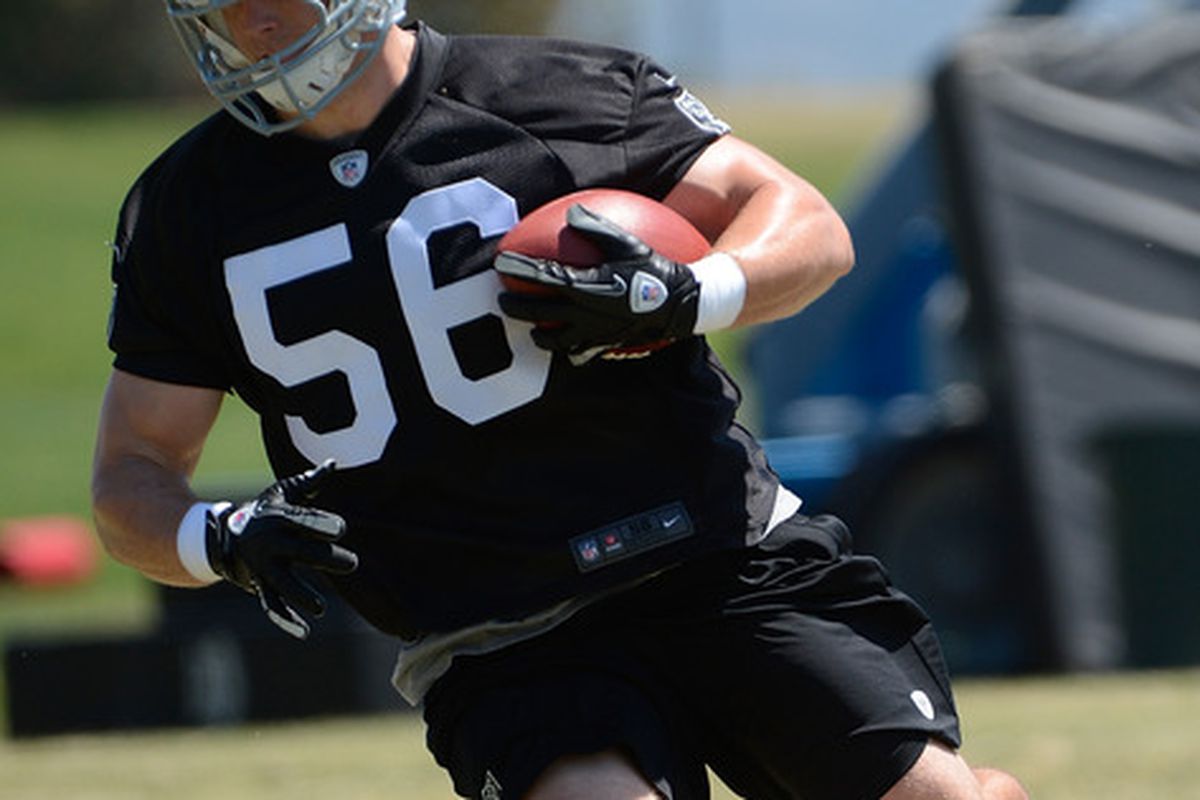 Miles Burris #56 of the Oakland Raiders participates in defensive drills during the Raiders Rookie Minicamp