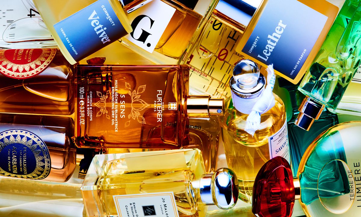 A close-up of perfume bottles